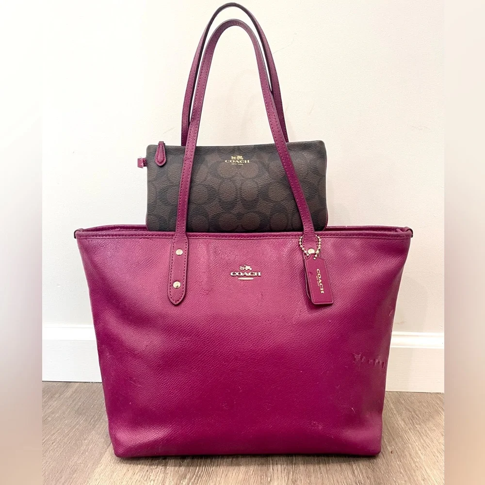 COACH✨Dahlia Purple & Gold Cross Grain Leather City Zip Tote & Wallet - Picture 2 of 16